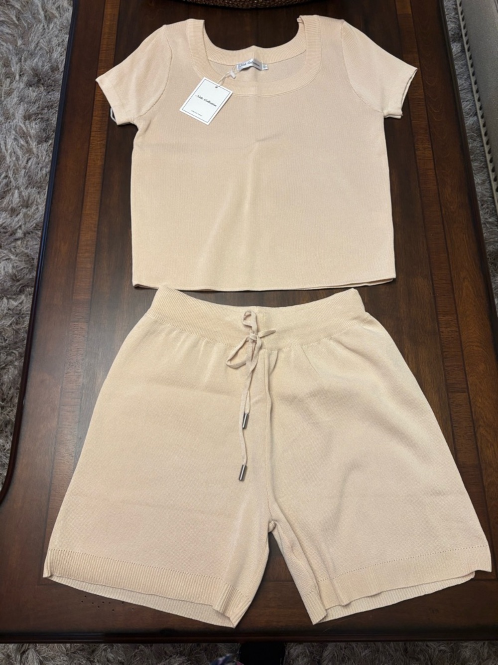 Nali Collection Beige Knit Short Sleeve‎ Set-Cream Color-Size S/M
